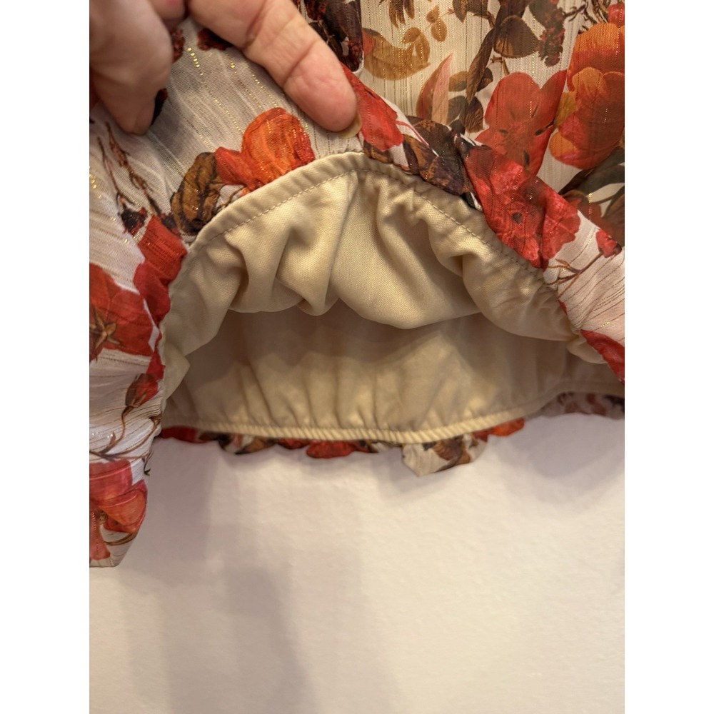 Sara Michelle Top Blouse XL/12 Pullover Bubble Hem Tie Sleeve Fall Colors Floral - Picture 6 of 11